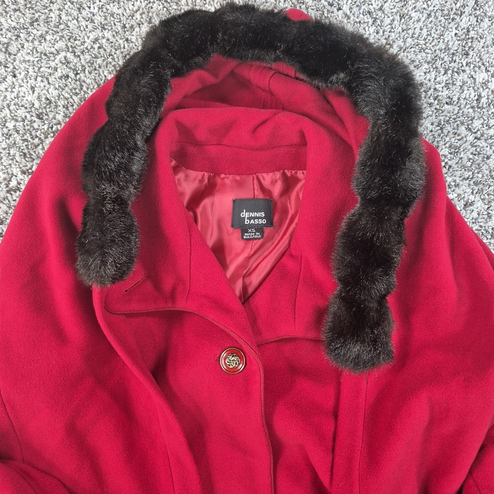 Dennis Basso Red Riding Hood Wool Cashmere Coat‎ Sz XS Faux Fur Hood Scarf